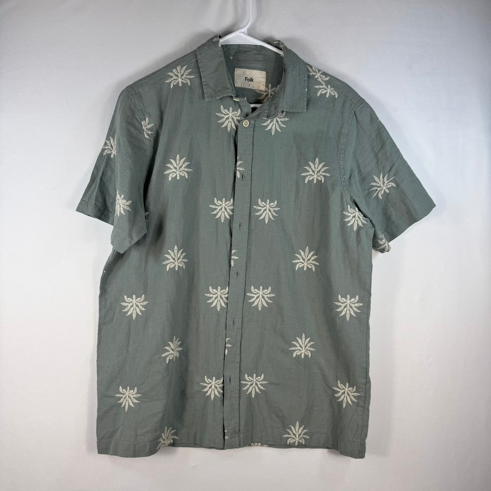 Folk Mens Short Sleeve Embroidered Palm Leaf Cotton Linen Shirt Sage Green Small